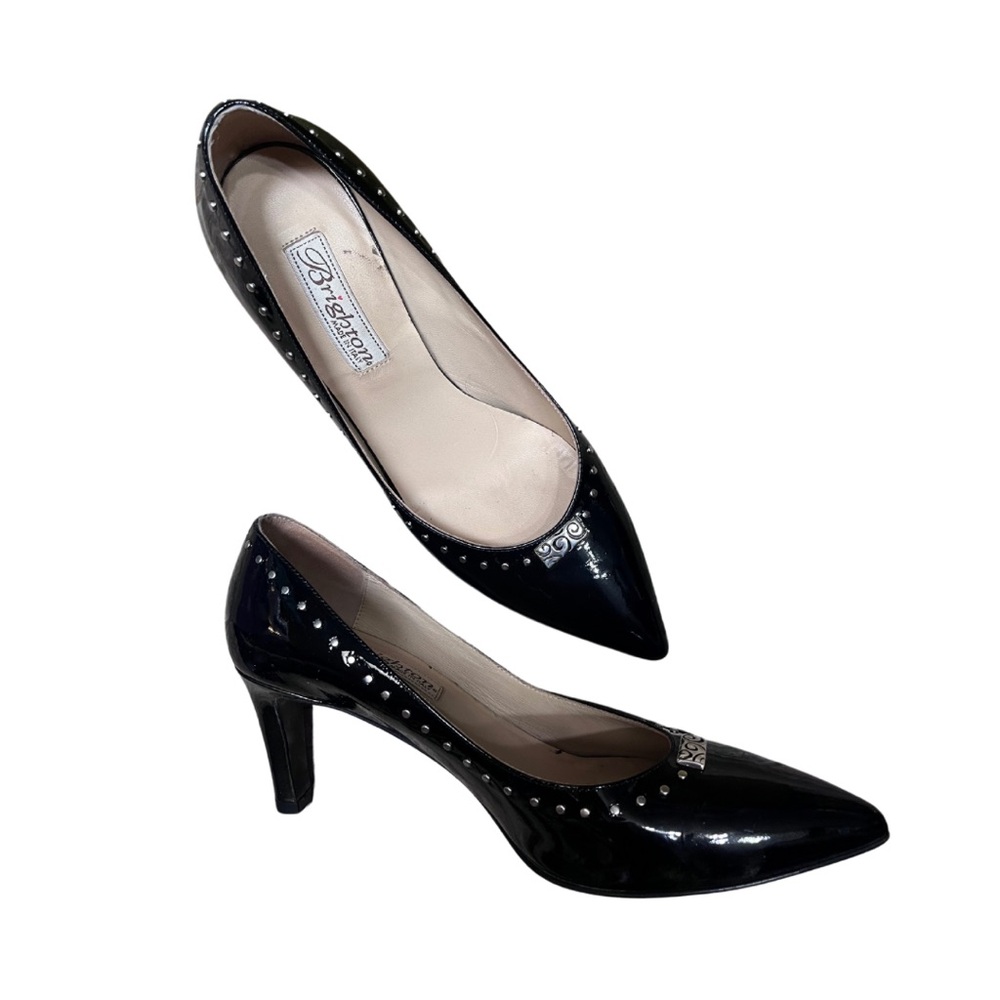 Brighton Young Black Patent Leather 3" Heels Sz 7.5 Silver Studs Etched Detail